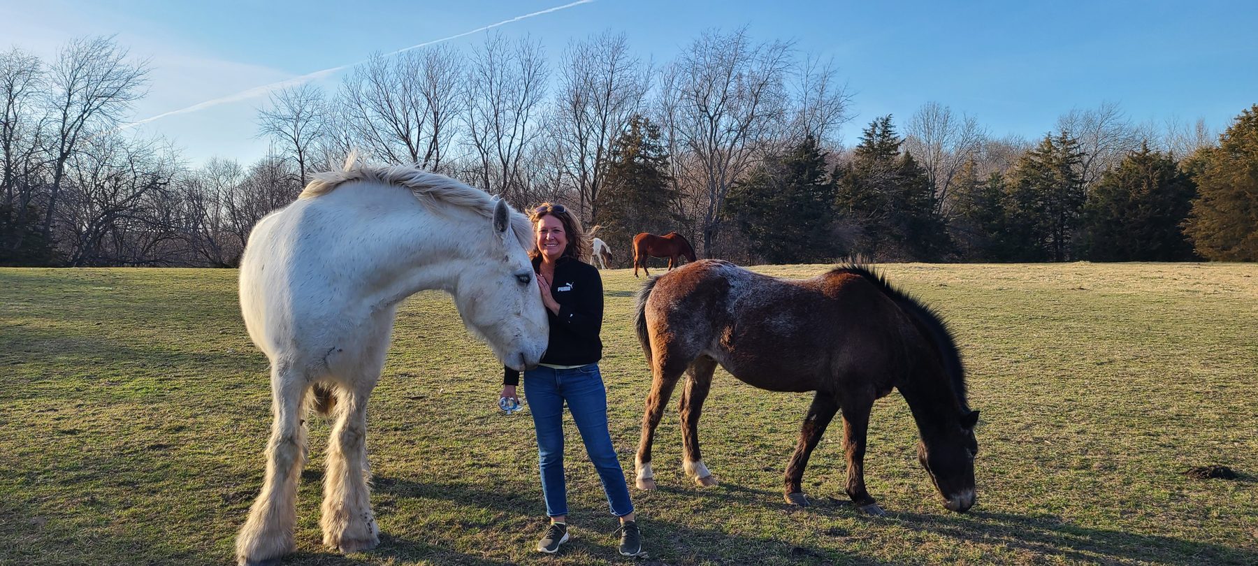 Amanda Tremper standing with two horses in pasture